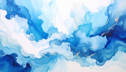 Abstract painting featuring swirling shades of blue and white, creating a dynamic and fluid composition.