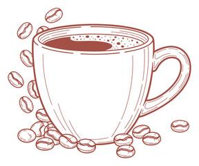 Coffee Cup Sketch with Scattered Coffee Beans