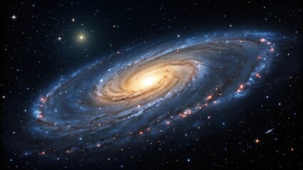 Fototapeta premium A spiral galaxy with a bright yellow center surrounded by blue arms and distant stars in space