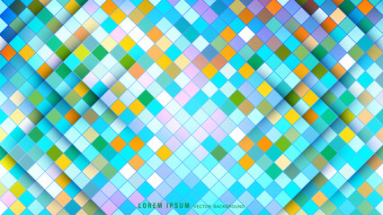 Vivid geometric abstract background featuring colorful overlapping squares arranged in a diamond grid with shadow effects