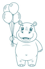 Cartoon Outline of a Smiling Hippopotamus Holding Balloons
