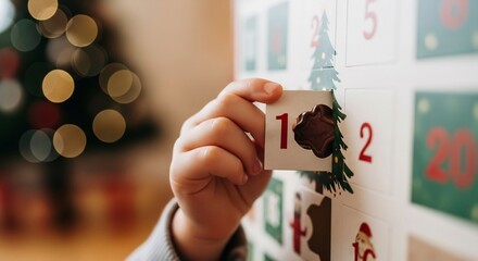 Child hand opens advent calendar revealing chocolate on first day of Christmas