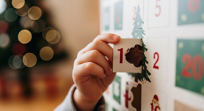 Child hand opens advent calendar revealing chocolate on first day of Christmas