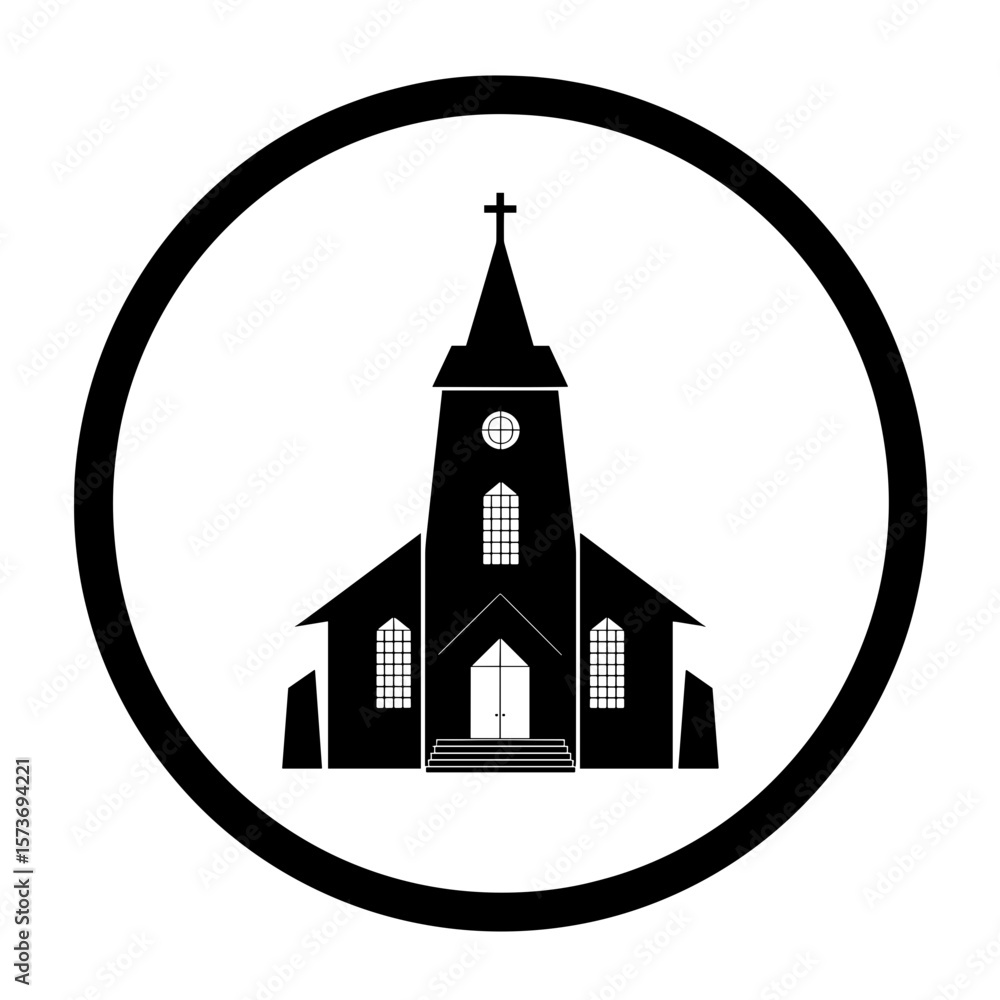 Poster illustration of a church building with a cross inside of a circular border design element here