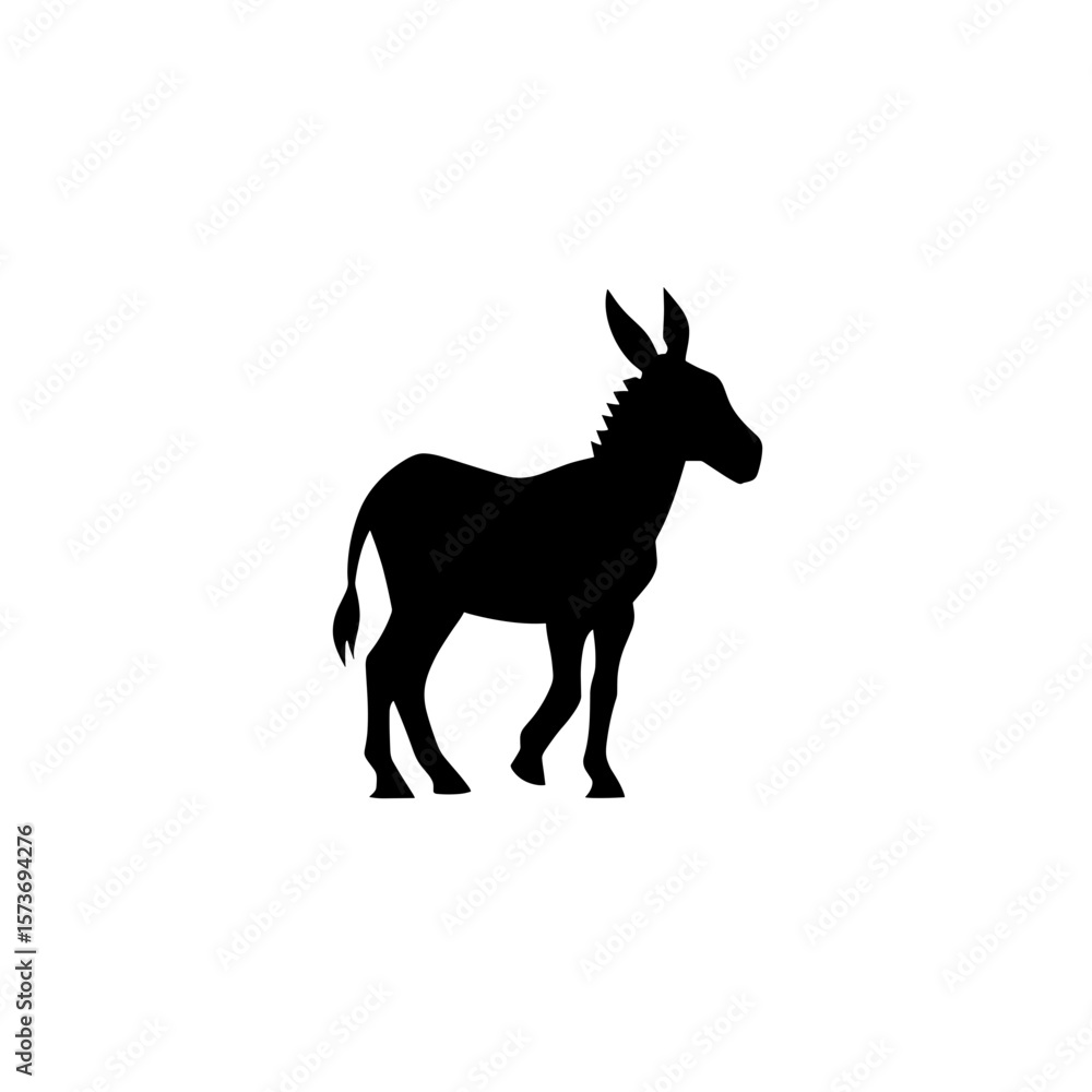 Poster silhouette of a donkey standing with its ears perked up and tail slightly raised in a side profile v