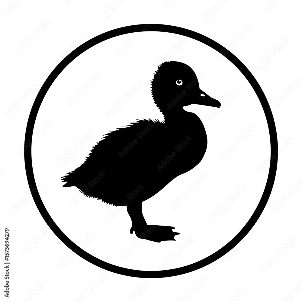 Poster silhouette of a duckling inside a circle with a clean and crisp presentation style and design elemen