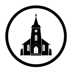 Illustration of a church building with a cross inside of a circular border design element here