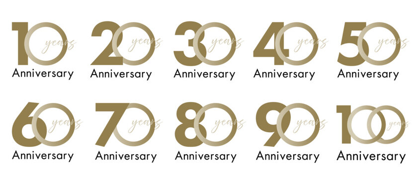 anniversaryシンプルなgold/金のアニバーサリーロゴセット(10周年 20周年 30周年 40周年 50周年 60周年 70周年 80周年 90周年 100周年 お祝い 周年記念 イベント 設立記念 anniversary celebration logo ベクター 編集可能)	
