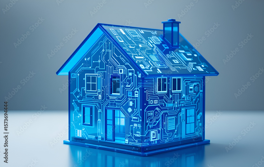 Aufkleber a futuristic house model with blue circuit board patterns on a gray background in a studio shot