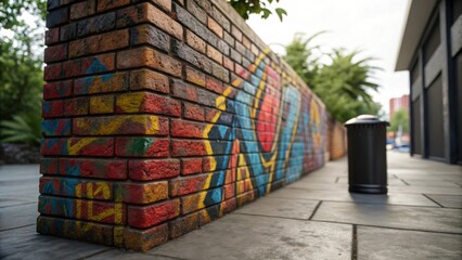 A brick wall with colorful graffiti art along a walkway with a trash can in an urban setting