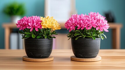 Fototapeta premium Modern Work Environments Co-working Coffee Shops Concept. Colorful artificial flowers in black pots on a wooden table in a cozy interior setting