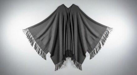 Stylish Gray Poncho with Fringed Edges Hang Gracefully Against a Minimalist Background