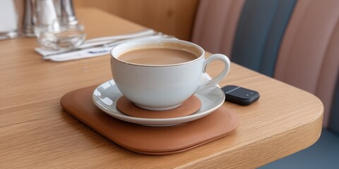Fototapeta premium Modern Work Environments Co-working Coffee Shops Concept. Fresh Coffee Cup on a Saucer with a Stylish Coaster in a Modern Cafe Setting
