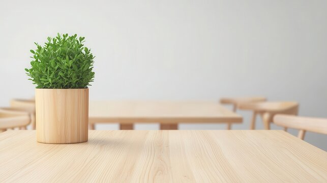 Modern Work Environments Co-working Coffee Shops Concept. Indoor Plant in Wooden Pot on a Minimalistic Table in a Modern Cafe Setting