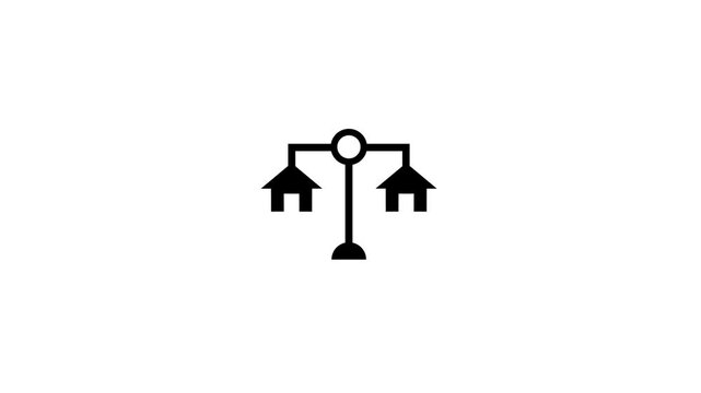 Scale of Justice, Law, Attorneys Icon with bank icon animation.A black scale symbolizing justice is displayed against , often used to represent legal and ethical concepts.