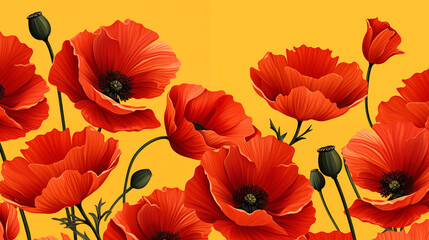 Obraz premium Vibrant red poppies against a bright yellow backdrop creating a floral and artistic composition
