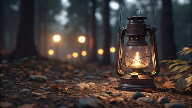 A vintage lantern illuminating a path in a misty forest with soft glowing lights in the background
