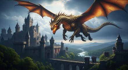Fototapeta premium Majestic Dragon Soars Over a Medieval Castle and Scenic Valley