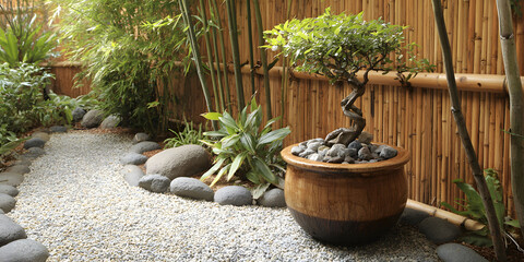 Serene Japanese Garden with Bonsai Tree and Gravel Path