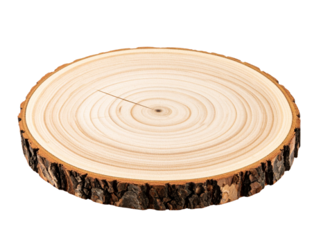 Oval Wood Slice Cut from Tree Trunk with Cracked Surface and Darkened Rings, Angled View, Isolated”