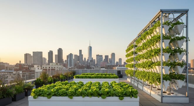 Urban rooftop garden showcasing vertical farming with city skyline backdrop during sunrise, highlighting sustainable agriculture practices - Powered by Adobe