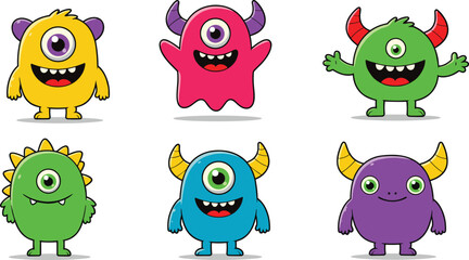 Colorful cartoon monsters with one eye, horns, smiles, and funny shapes, perfect for kids designs, fantasy creatures, playful characters