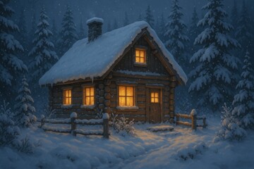 Fototapeta premium Charming alpine cabin nestled in snow-covered forest with glowing windows creating magical winter wonderland atmosphere