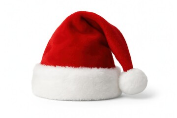 Classic red Santa hat positioned elegantly against clean white background perfect for holiday marketing and seasonal campaigns
