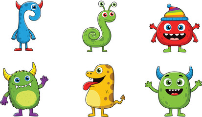Obraz premium Colorful cartoon monster vector collection, playful fantasy characters with horns, eyes, and smiles for kids illustrations, books, and decorations