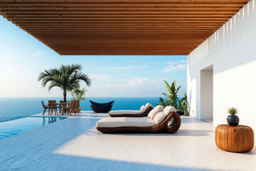 Oceanfront modern patio with wooden sun loungers under pergola beside infinity pool and palm trees