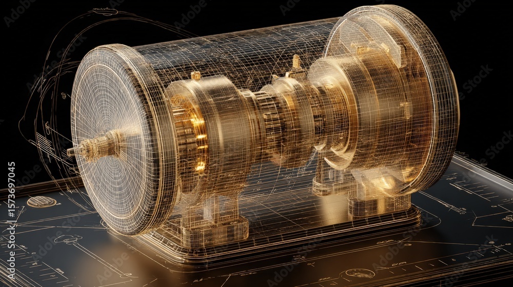 Poster highly detailed transparent futuristic mechanical engine model with intricate gold metallic componen