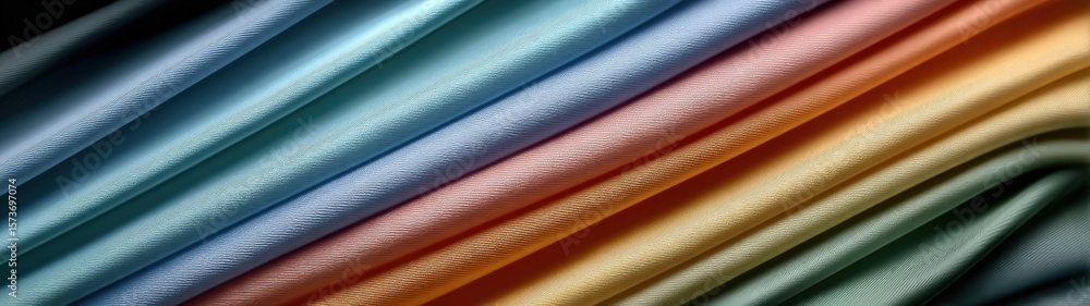 Poster brightly colored fabric strips stacked in a rainbow of vibrant shades with soft textures and smooth 