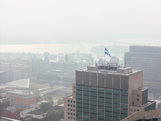 Heavy smog in Montreal downtown because of wildfire and industrial pollution, Quebec, Canada..