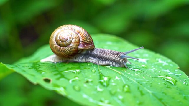 A snail with a brown shell crawling on a green leaf with water droplets in a close up shot