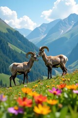 Naklejka premium Two bighorn sheep graze amidst wildflowers on mountain slope, wildflower, scenic, day
