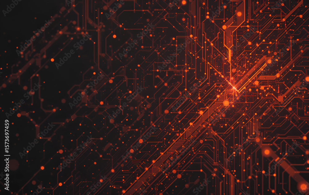 Poster a digital circuit board with glowing orange lines and particles on a dark background design art