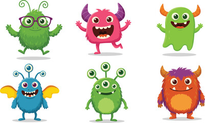 Funny cartoon alien monsters with multiple eyes, horns, and wings, isolated vector set for children’s illustration, fantasy, fun character design