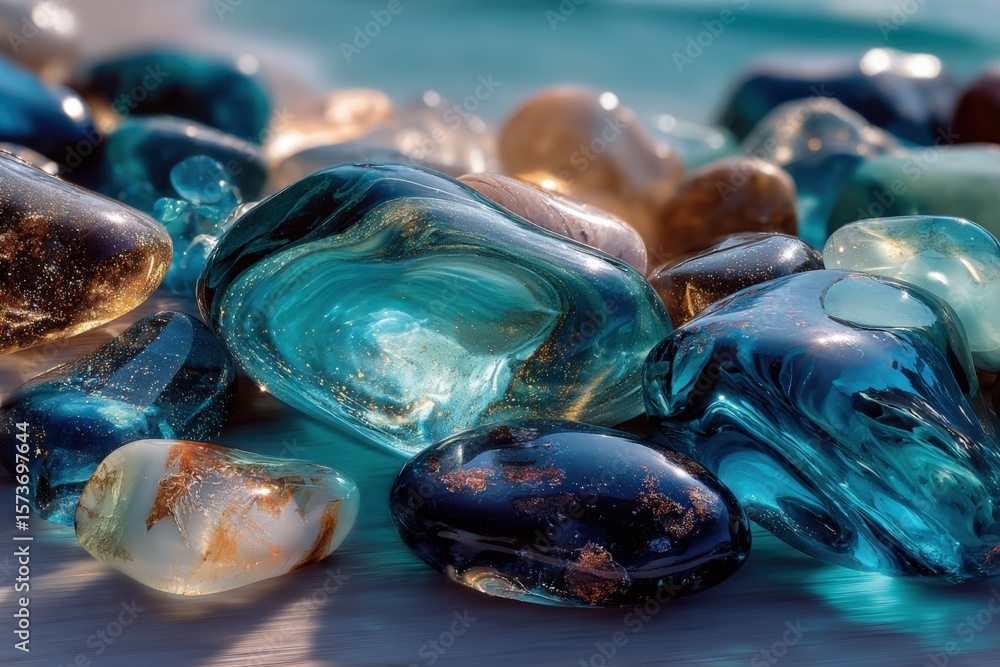 Poster close-up of colorful polished glass stones with smooth surfaces and vibrant swirling patterns restin