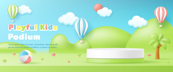 3D vector playful kid product display cylinder stand podium banner with hot air balloons and green hills. Perfect background for baby store, children toy, fashion discount promotion sale, social media