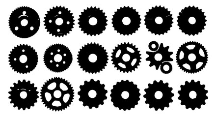 Black and white gears and cogs showcase different designs for mechanical systems and engineering purposes, silhouette