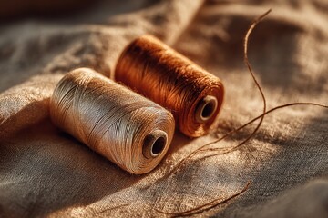 Two spools of thread lying on textured fabric surface with loose threads, close-up shot in warm natural light, detailed textile and sewing supplies, craft project background