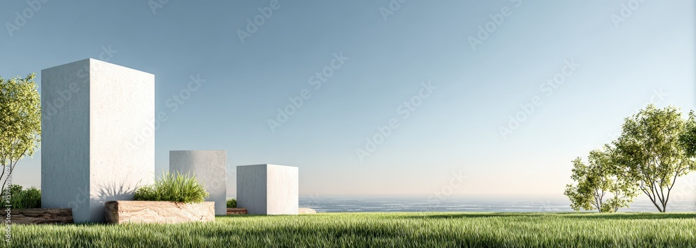 Aufkleber wide panoramic view of modern minimalist concrete structures with green grass and trees under clear 