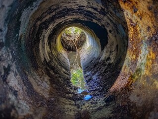 Perspective View Inside Drain Pipe with Water and Green Foliage