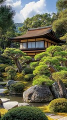 Obraz premium Serene Japanese Garden with Traditional Pavilion and Rock Landscape