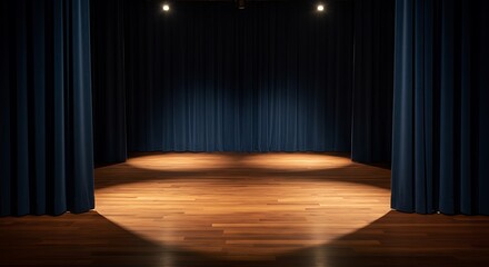 Elegant rectangular stage illuminated by focused warm spotlights, clean design, floor-length curtains, wooden floor texture