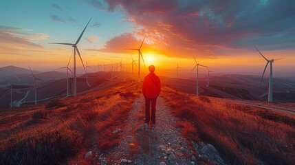Sunset walk on hill. Wind turbines line the ridge. Person in red jacket looking ahead. Dramatic sky