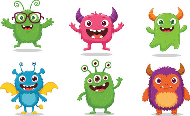 Obraz premium Funny cartoon monsters collection with horns, wings, multiple eyes, colorful bodies, cute fantasy alien creatures for kids design and illustration