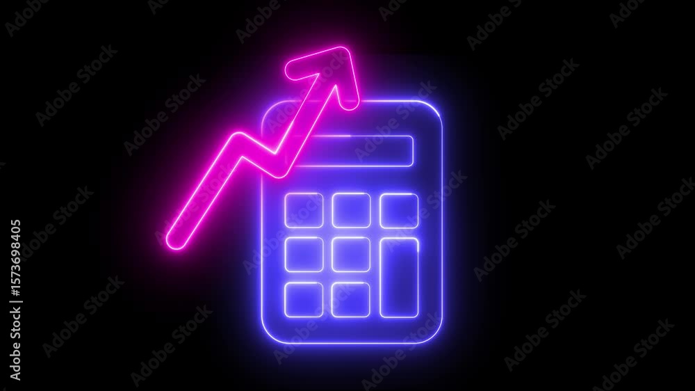 Poster animation, with neon light effect of a calculator icon with ascending arrow