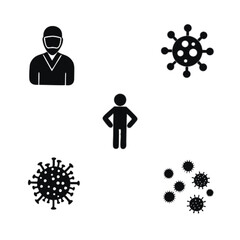 Black and white icons representing a doctor, virus cells, and a person, ideal for illustrating safety, medical topics, and health awareness campaigns.