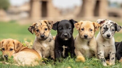 Adorable and Playful Mixed Breed Puppies Sitting on Green Grass in a Sunny Park with Bokeh Background for Family and Animal Lovers